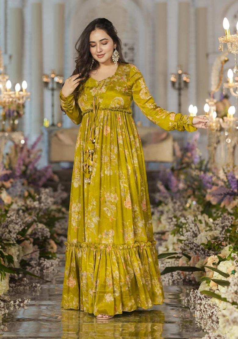 Yellow Printed Chinon Indo Western Suit - Indya