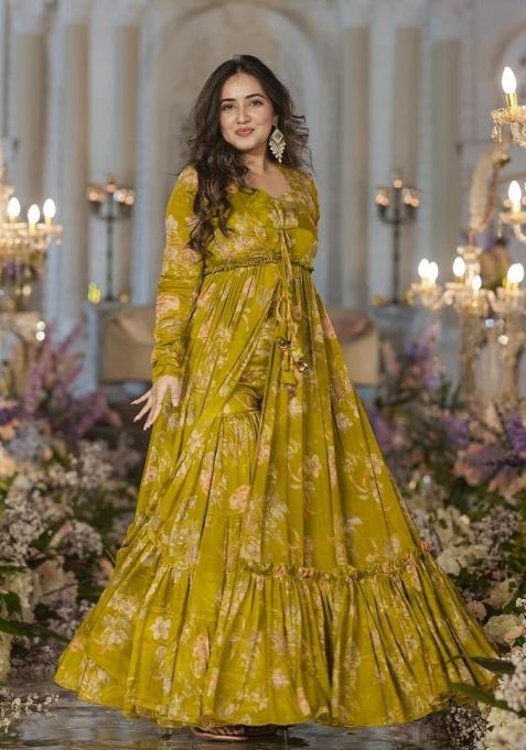 Yellow Printed Chinon Indo Western Suit