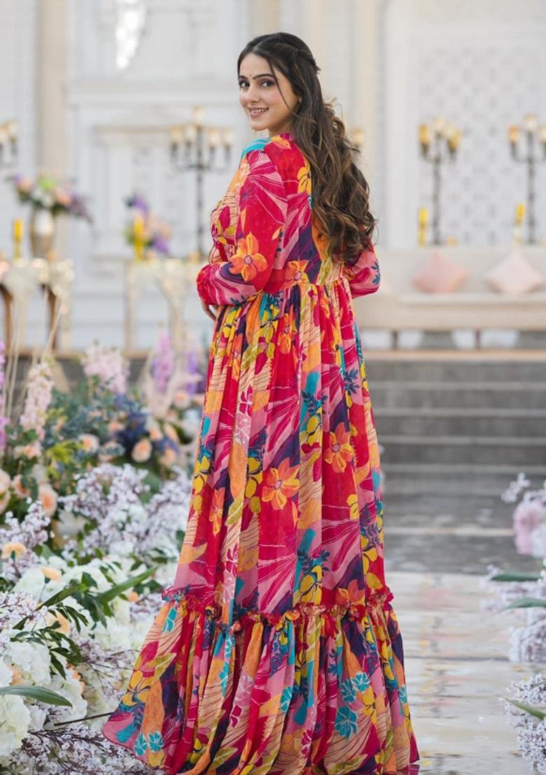 Multicolor Printed Chinon Indo Western Suit - Indya