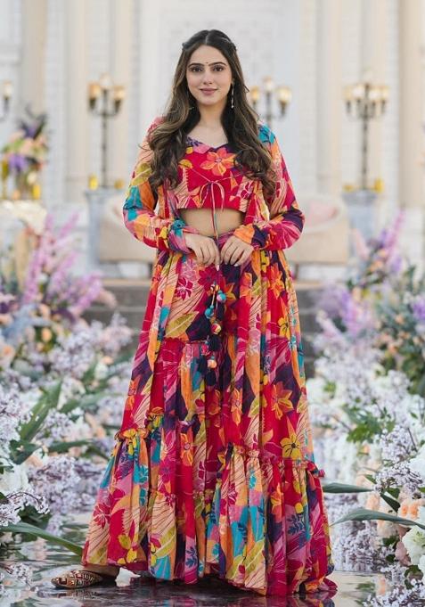 Multicolor Printed Chinon Indo Western Suit