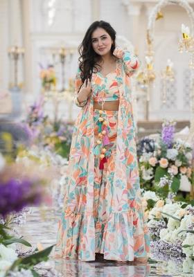 Cream Printed Chinon Indo Western Suit
