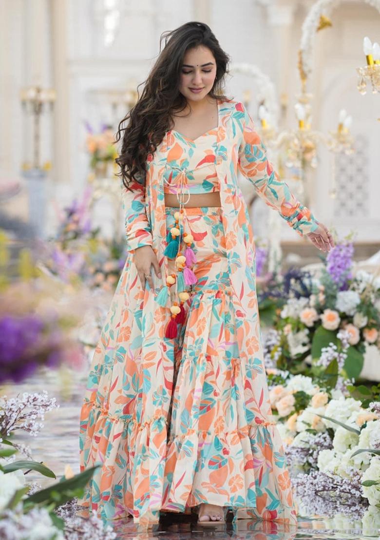 Cream Printed Chinon Indo Western Suit - Indya