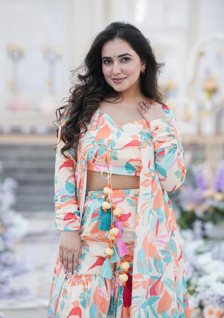 Cream Printed Chinon Indo Western Suit - Indya