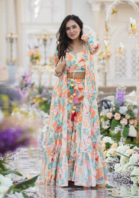 Cream Printed Chinon Indo Western Suit
