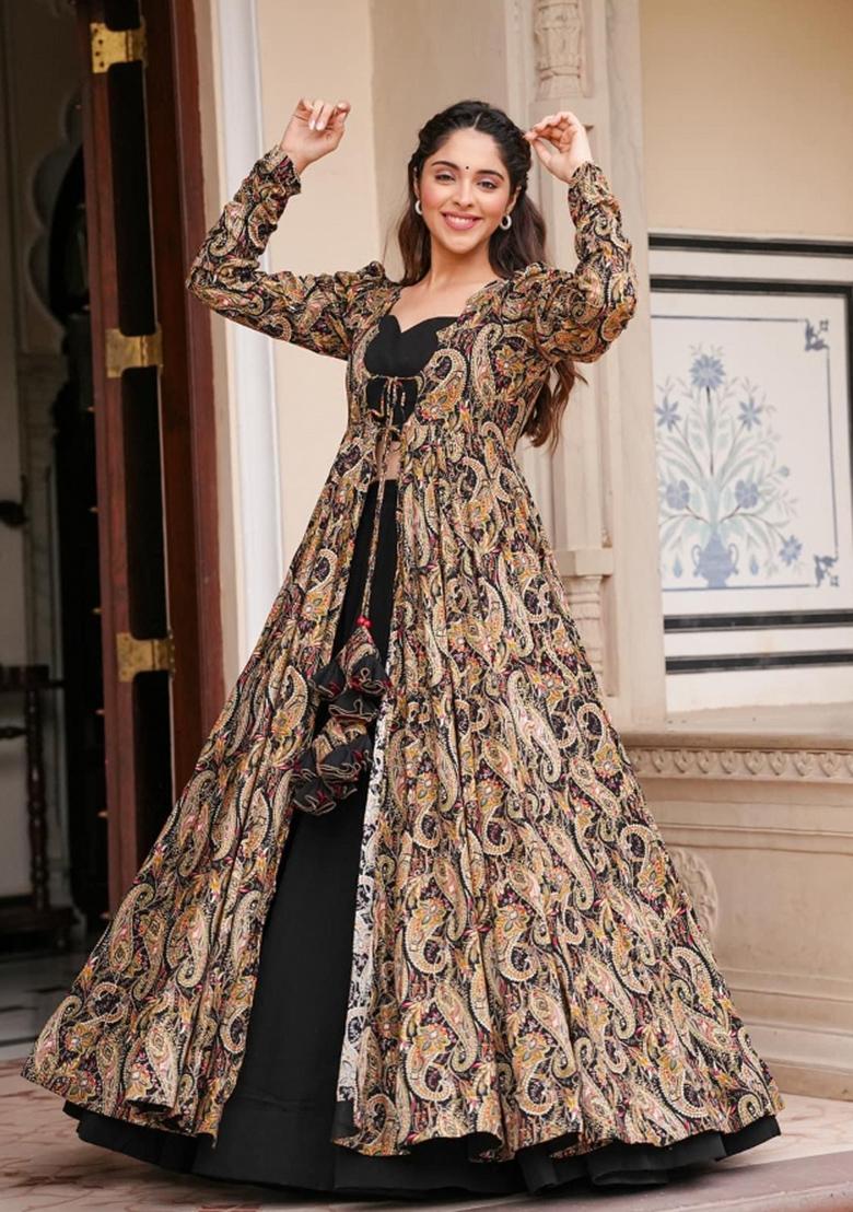 Black Printed Rayon Indo Western Suit - Indya