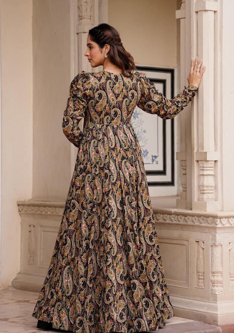 Black Printed Rayon Indo Western Suit - Indya
