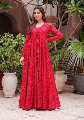 Pink Printed Rayon Indo Western Suit