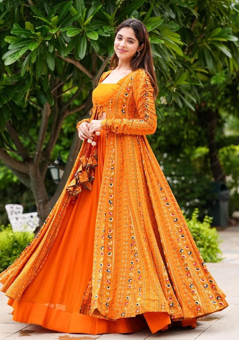 Yellow Printed Rayon Indo Western Suit - Indya