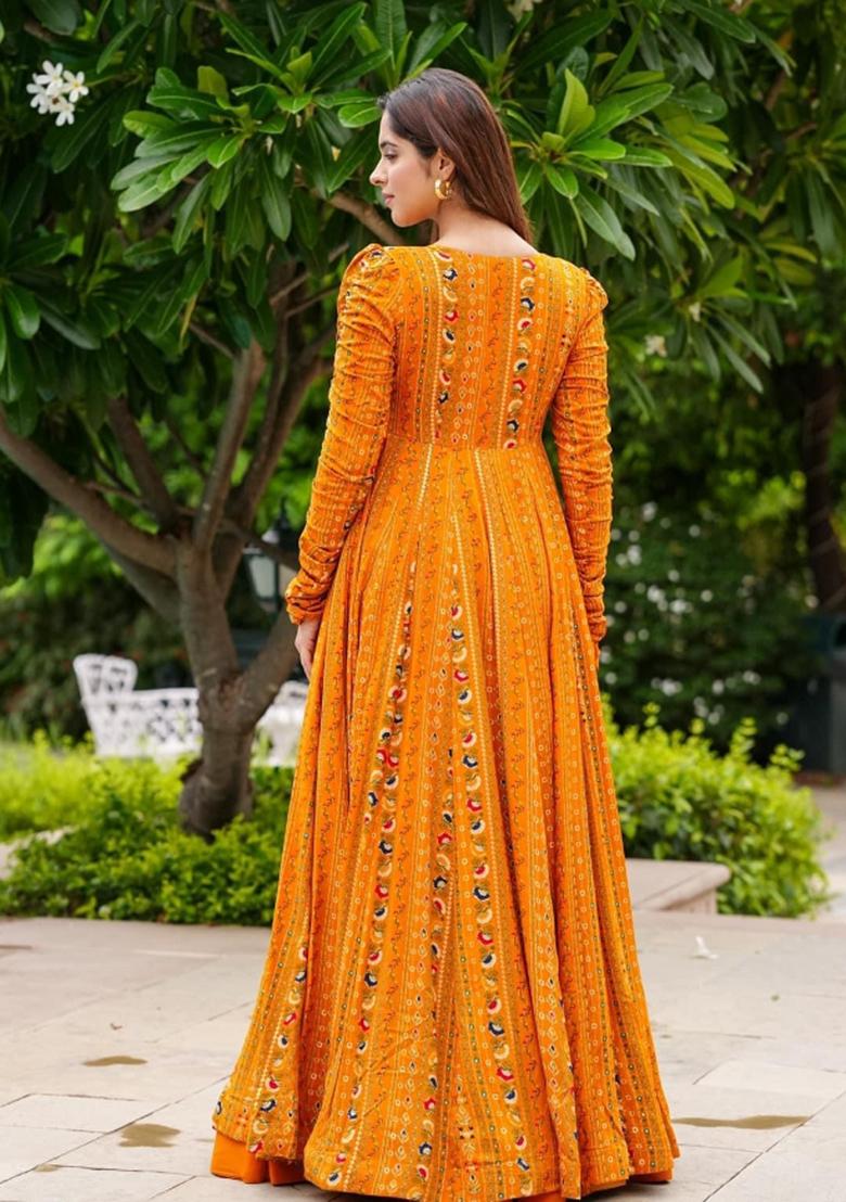 Yellow Printed Rayon Indo Western Suit - Indya
