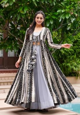Grey Printed Rayon Indo Western Suit