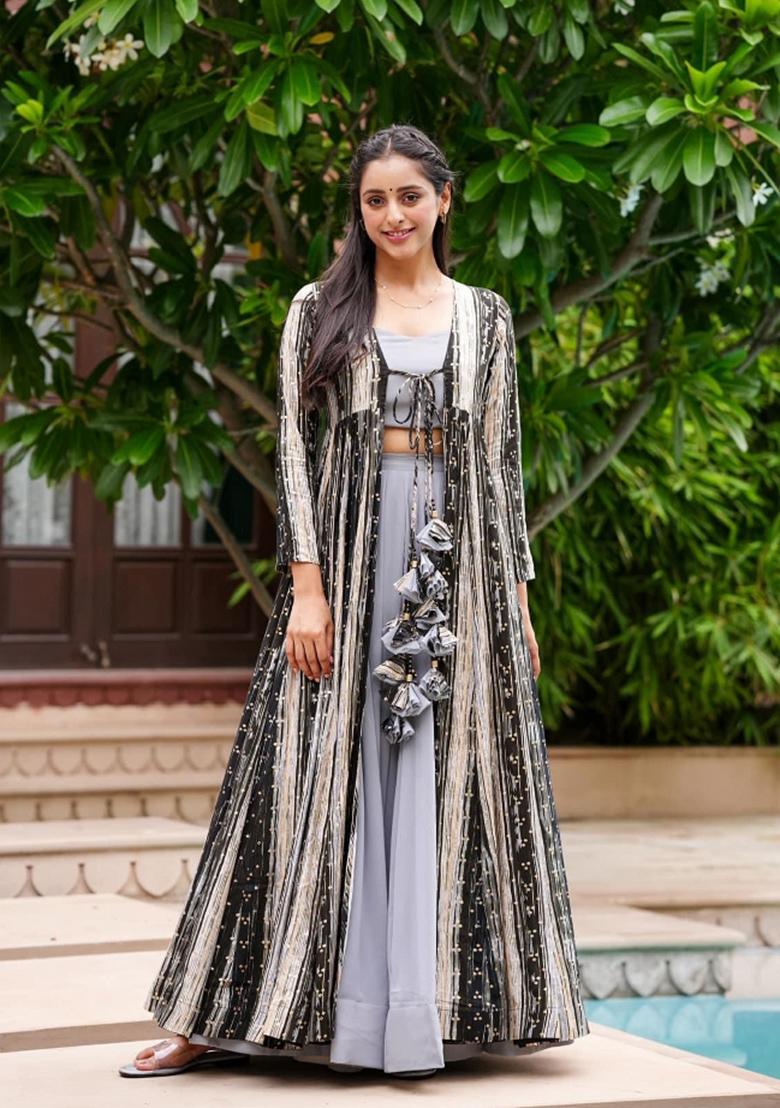 Grey Printed Rayon Indo Western Suit - Indya