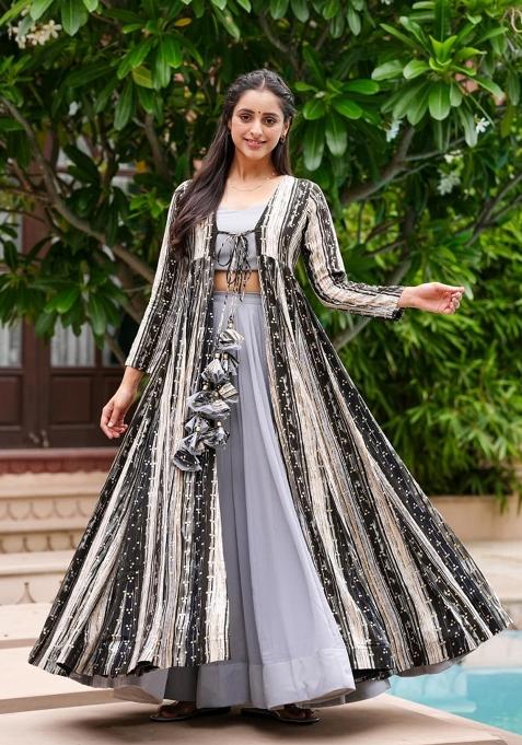 Grey Printed Rayon Indo Western Suit