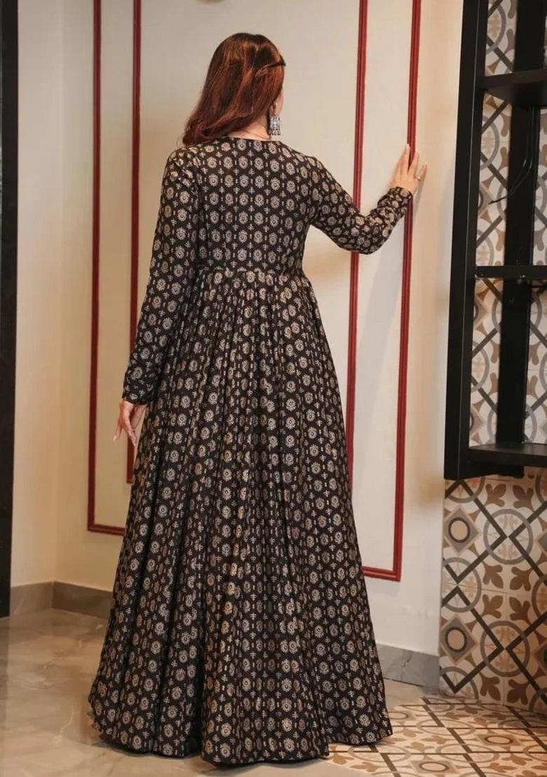 Black Printed Muslin Indo Western Suit - Indya