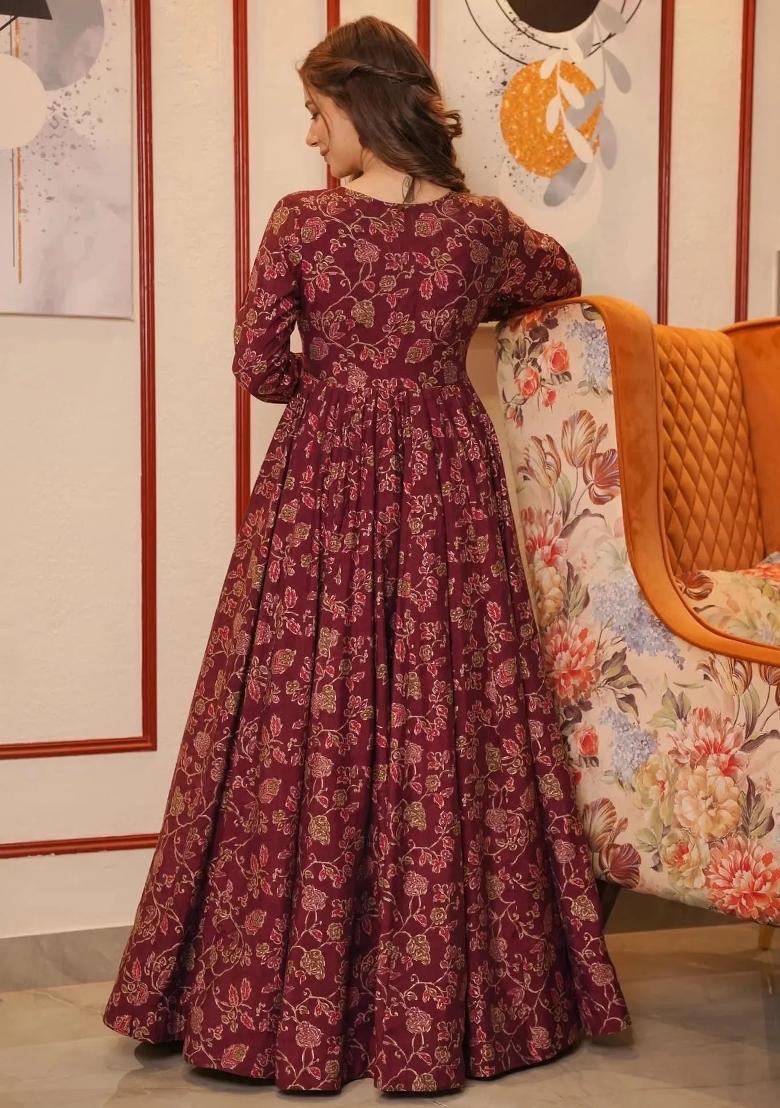 Maroon Printed Muslin Indo Western Suit - Indya