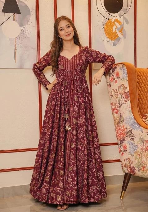 Maroon Printed Muslin Indo Western Suit