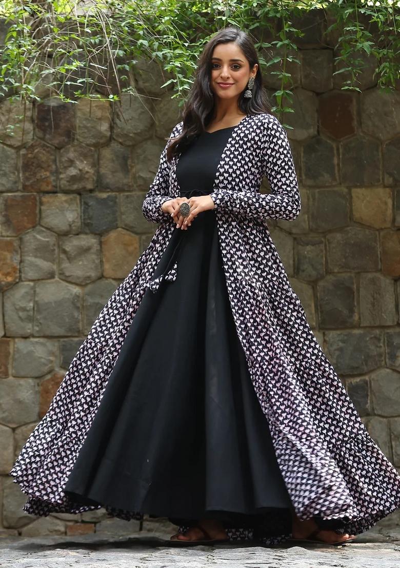Black Printed Georgette Indo Western Suit - Indya
