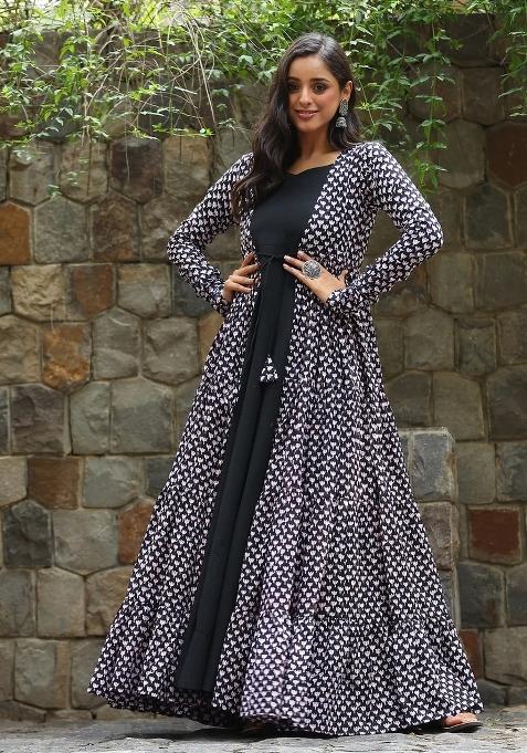 Black Printed Georgette Indo Western Suit