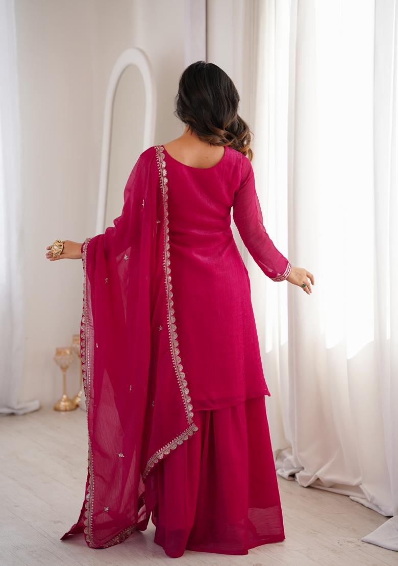 Pink Sequin Work Silk Blend Kurta Set - Indya