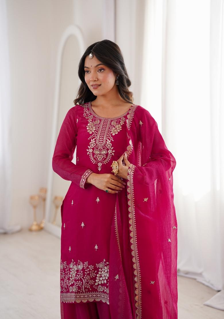 Pink Sequin Work Silk Blend Kurta Set - Indya