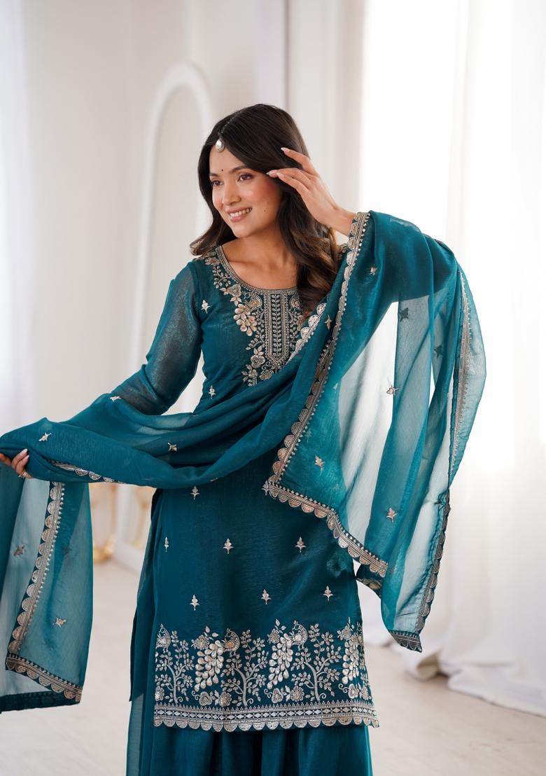 Teal Sequin Work Silk Blend Kurta Set - Indya