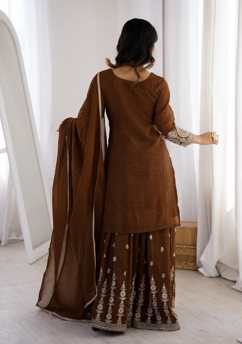 Brown Sequin Work Silk Blend Kurta Set - Indya