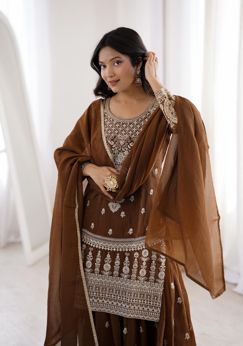 Brown Sequin Work Silk Blend Kurta Set - Indya