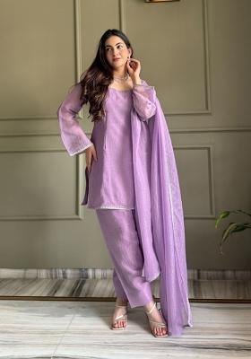 Lavender Lace Work Silk Blend Kurta Set