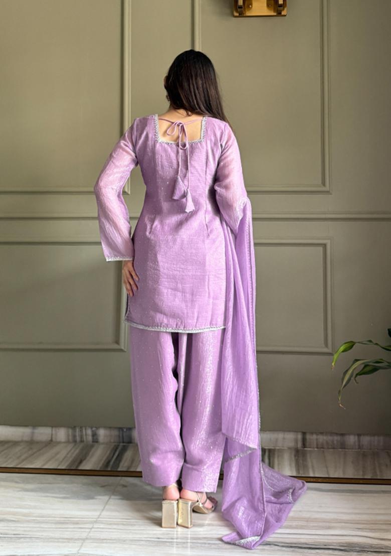 Lavender Lace Work Silk Blend Kurta Set - Indya
