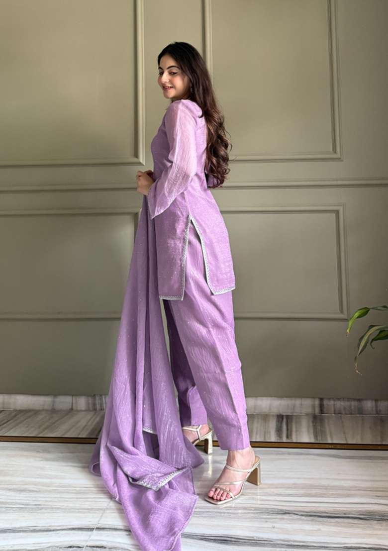 Lavender Lace Work Silk Blend Kurta Set - Indya