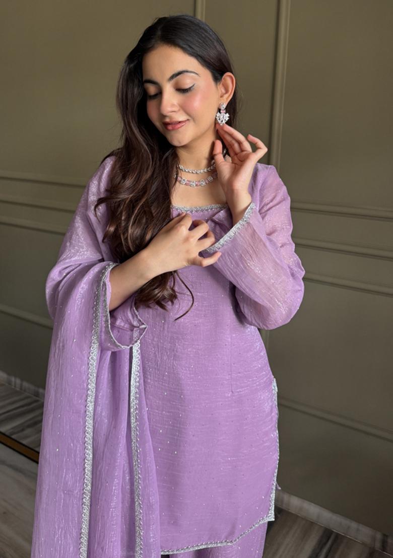 Lavender Lace Work Silk Blend Kurta Set - Indya