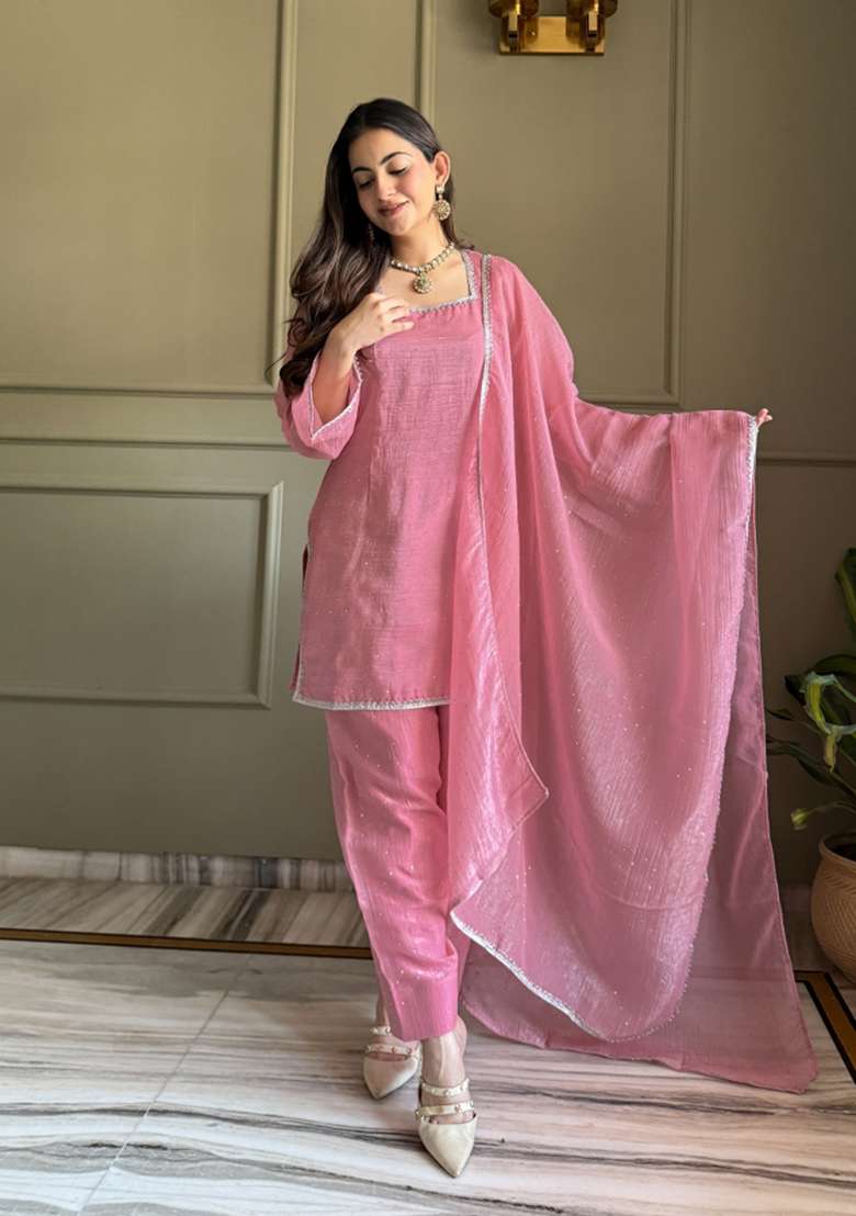 Pink Lace Work Silk Blend Kurta Set - Indya