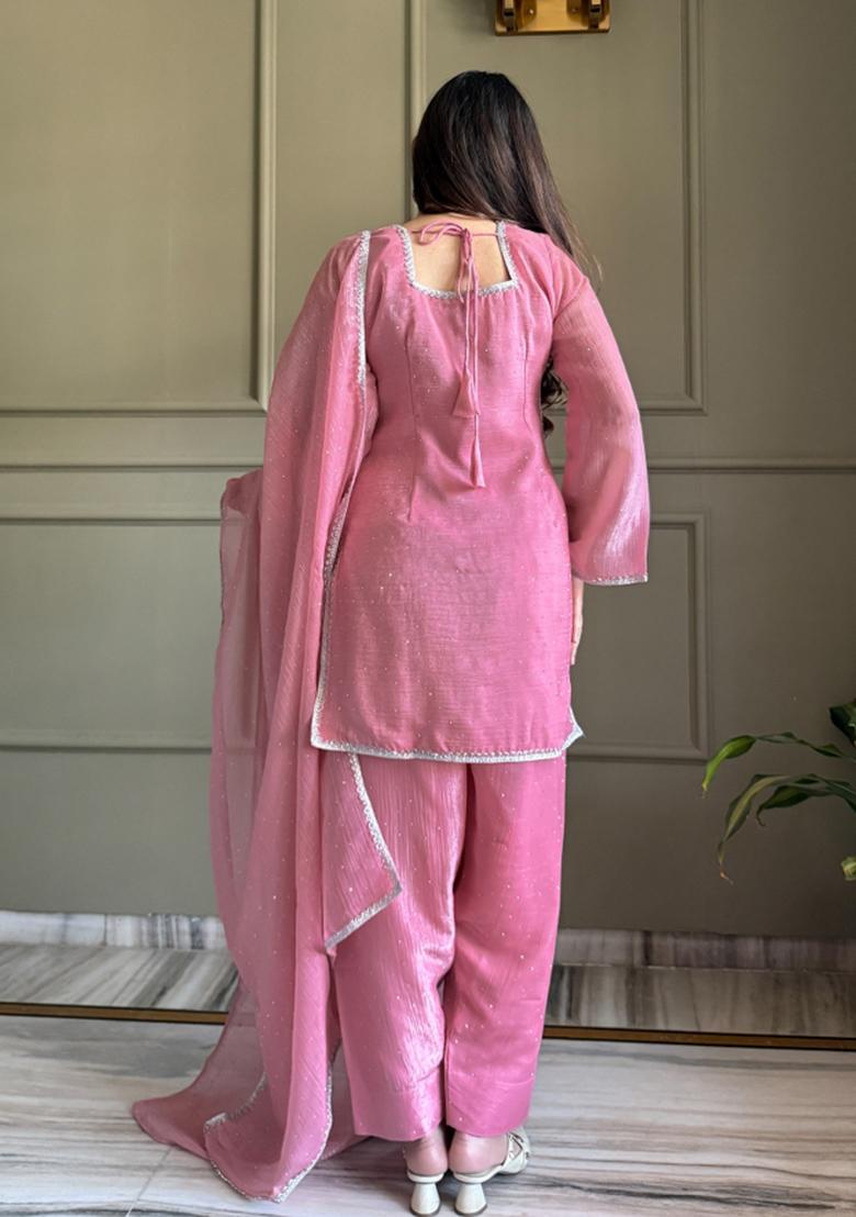 Pink Lace Work Silk Blend Kurta Set - Indya