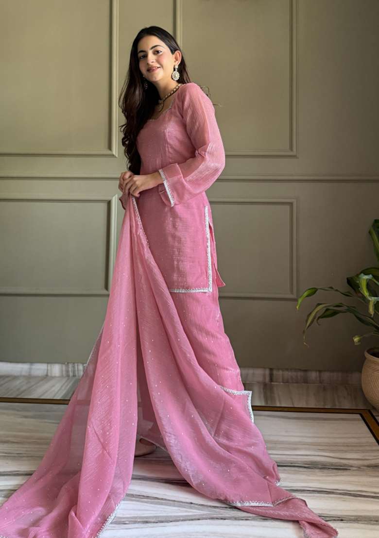 Pink Lace Work Silk Blend Kurta Set - Indya