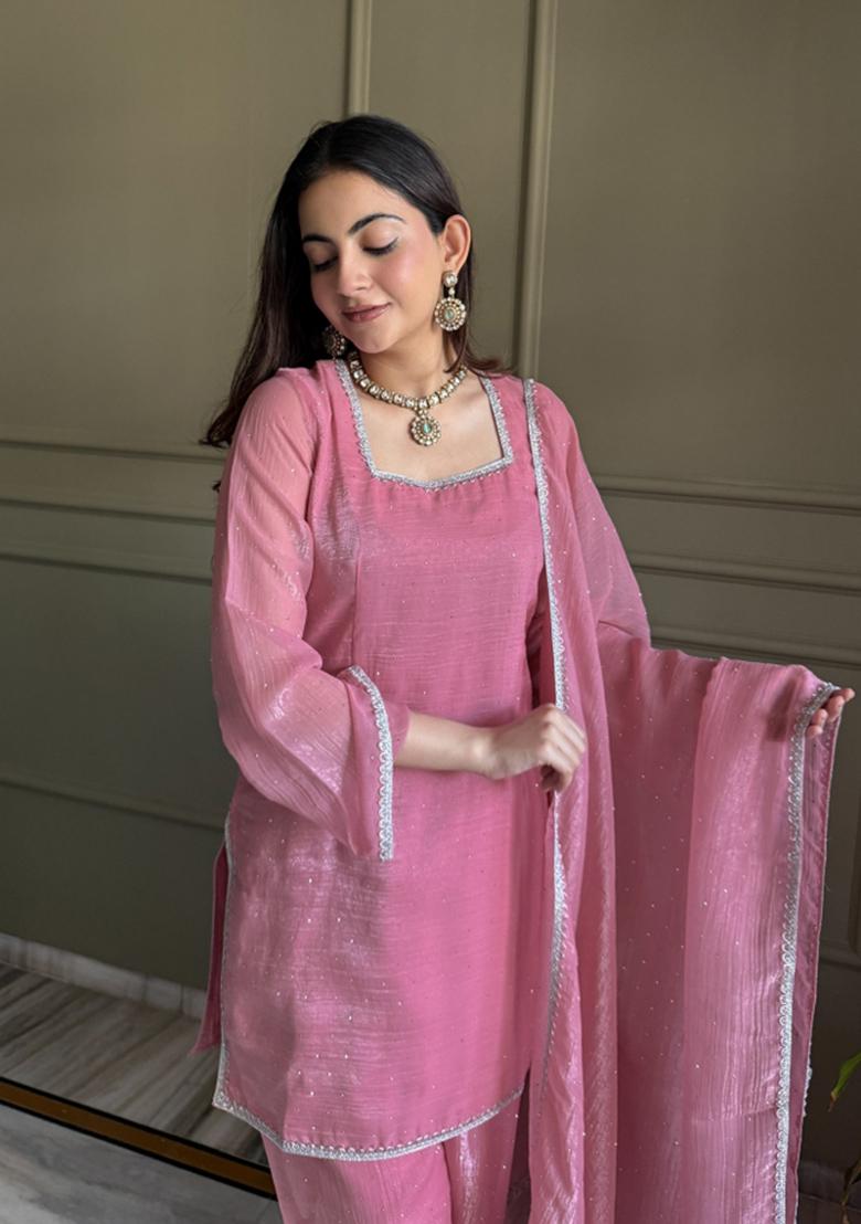 Pink Lace Work Silk Blend Kurta Set - Indya