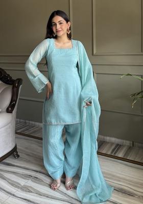 Sky Blue Lace Work Silk Blend Kurta Set
