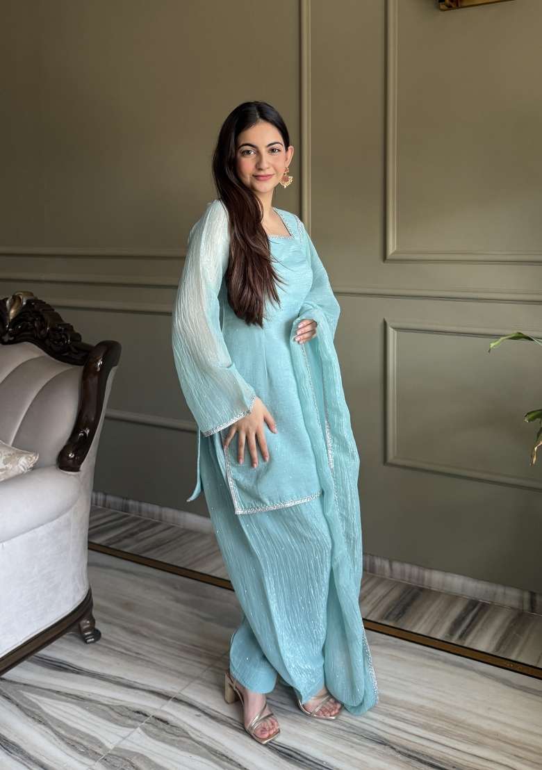 Sky Blue Lace Work Silk Blend Kurta Set - Indya
