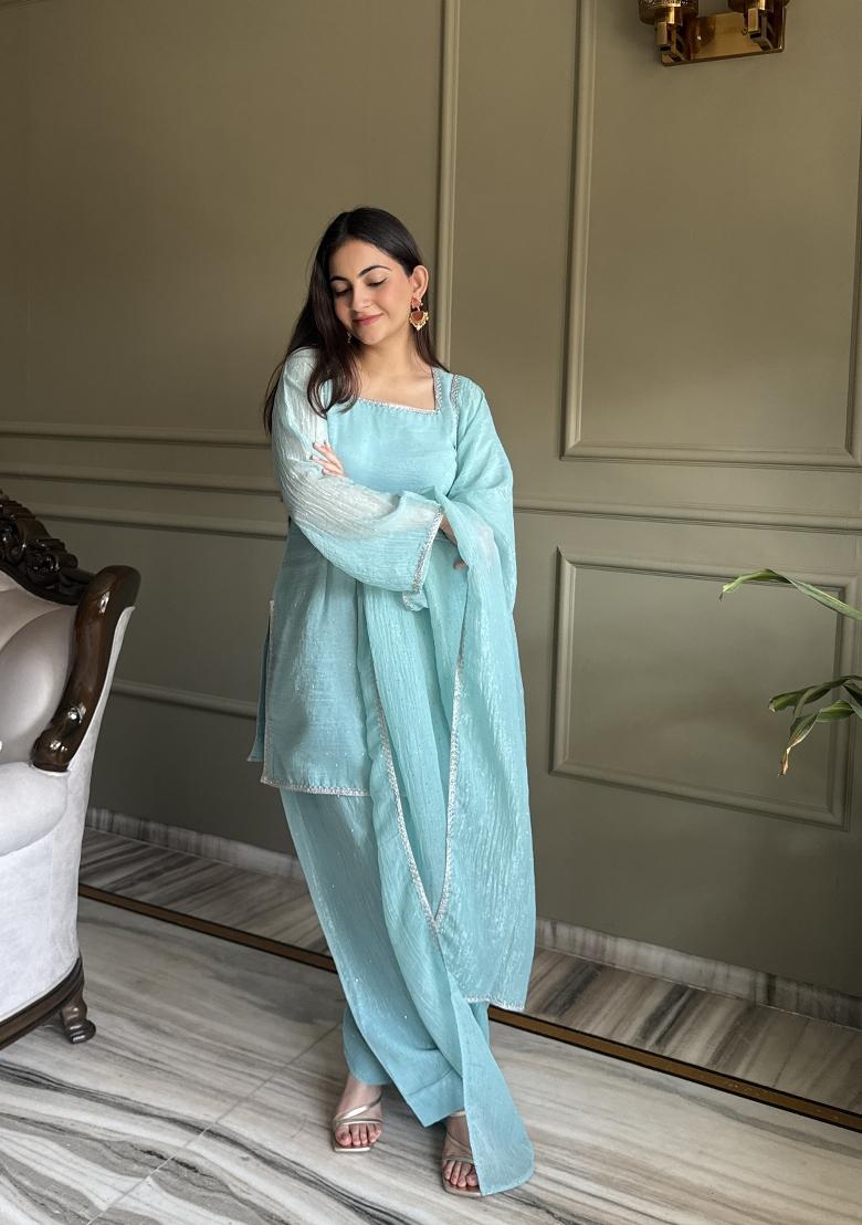 Sky Blue Lace Work Silk Blend Kurta Set - Indya