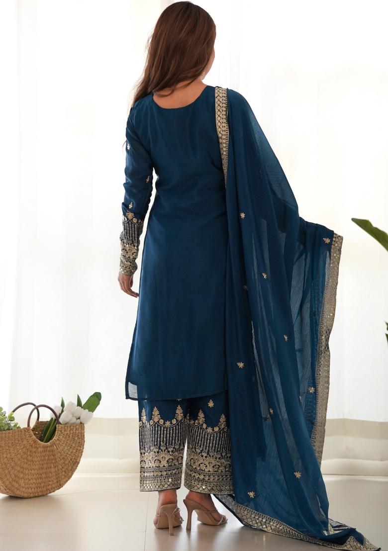 Teal Sequin Work Chinon Kurta Set - Indya