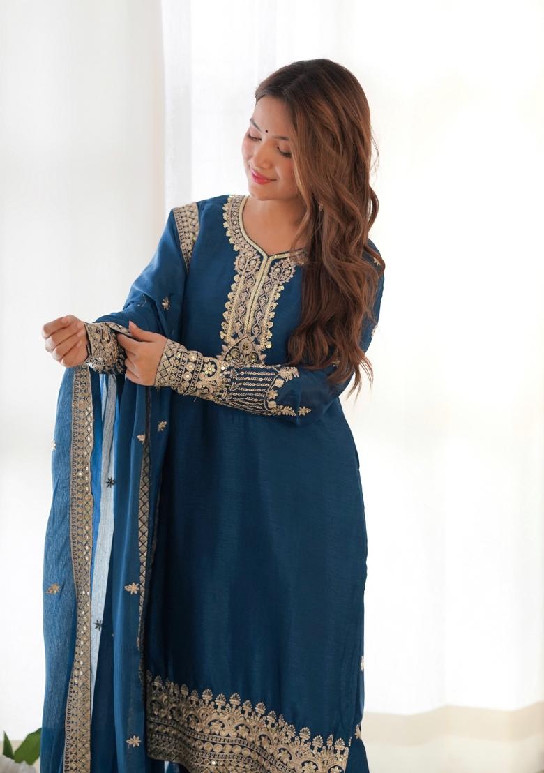 Teal Sequin Work Chinon Kurta Set - Indya