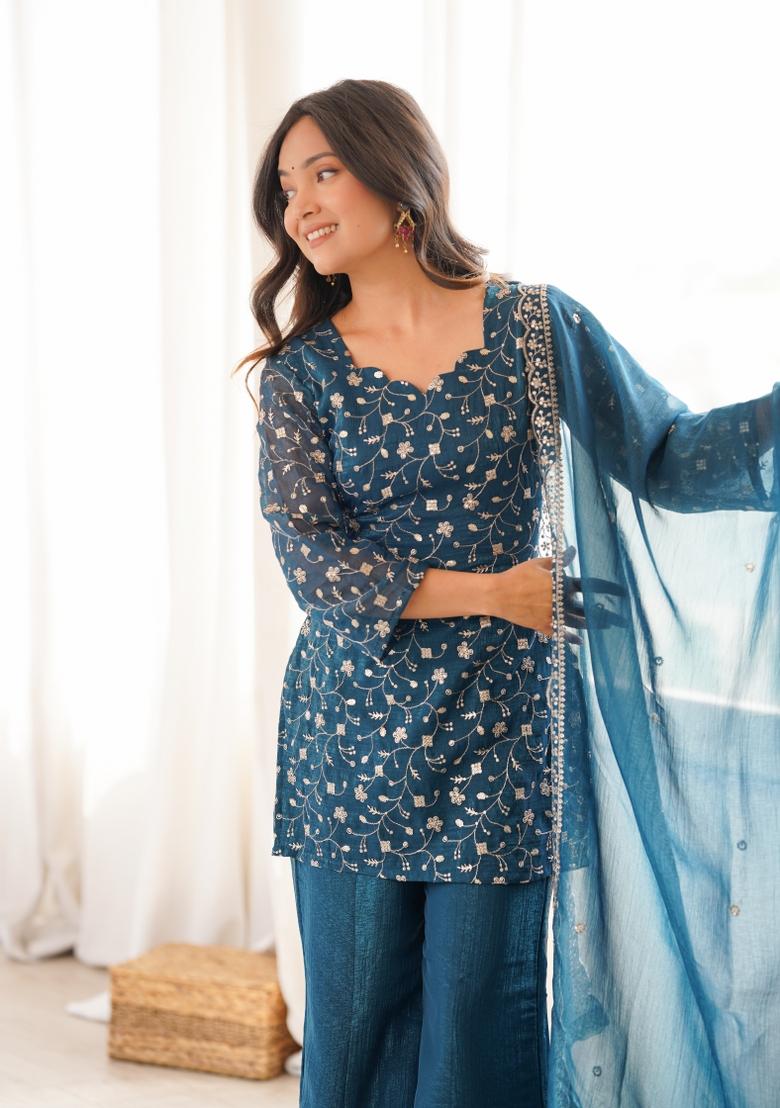Teal Sequin Work Silk Blend Kurta Set - Indya