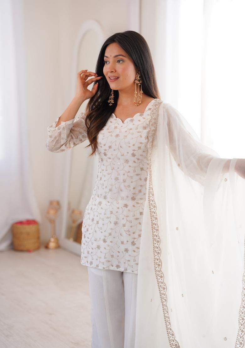 White Sequin Work Silk Blend Kurta Set - Indya