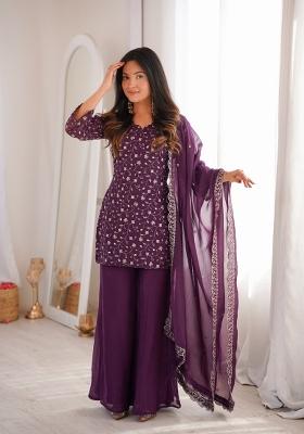 Wine Sequin Work Silk Blend Kurta Set