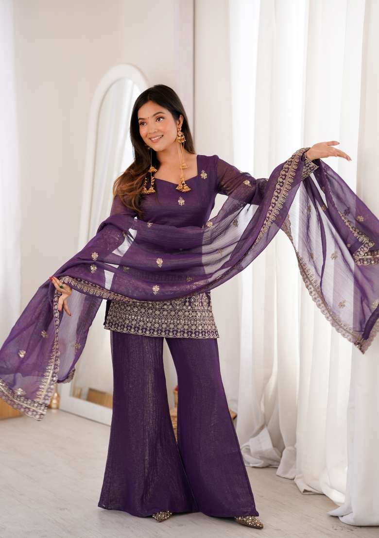 Wine Sequin Work Silk Blend Kurta Set - Indya