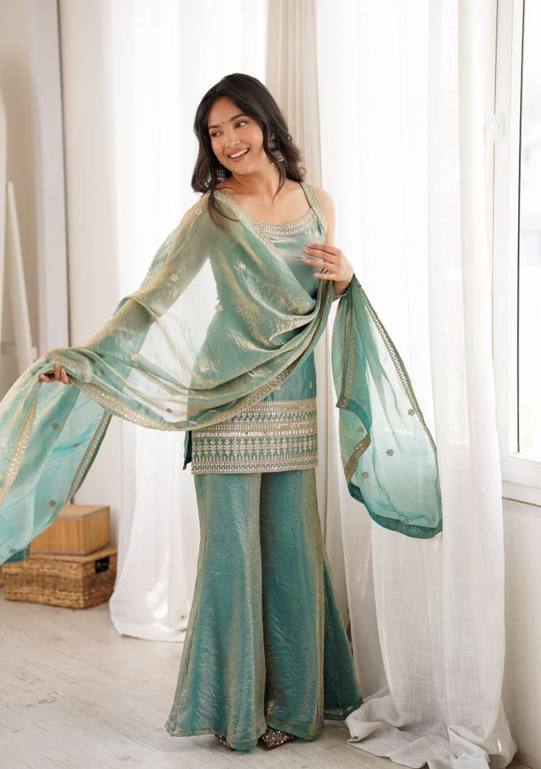 Sea Green Sequin Work Silk Blend Kurta Set - Indya