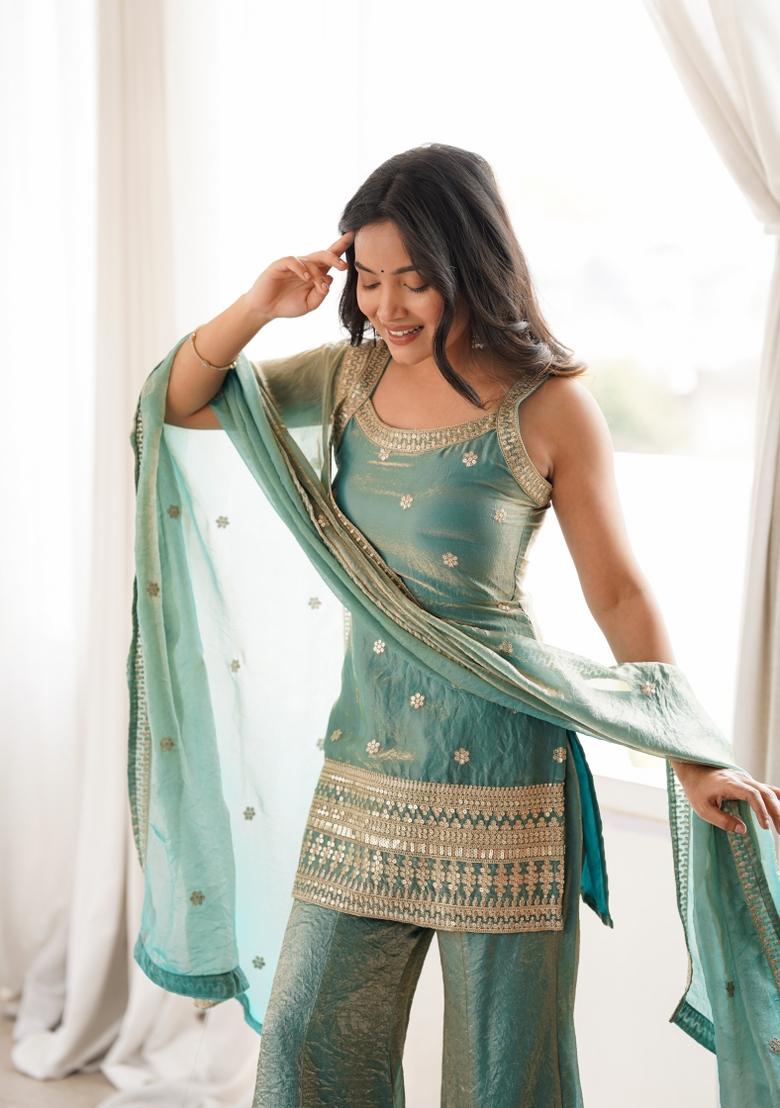 Sea Green Sequin Work Silk Blend Kurta Set - Indya