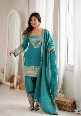 Sea Green Sequin Work Silk Blend Kurta Set