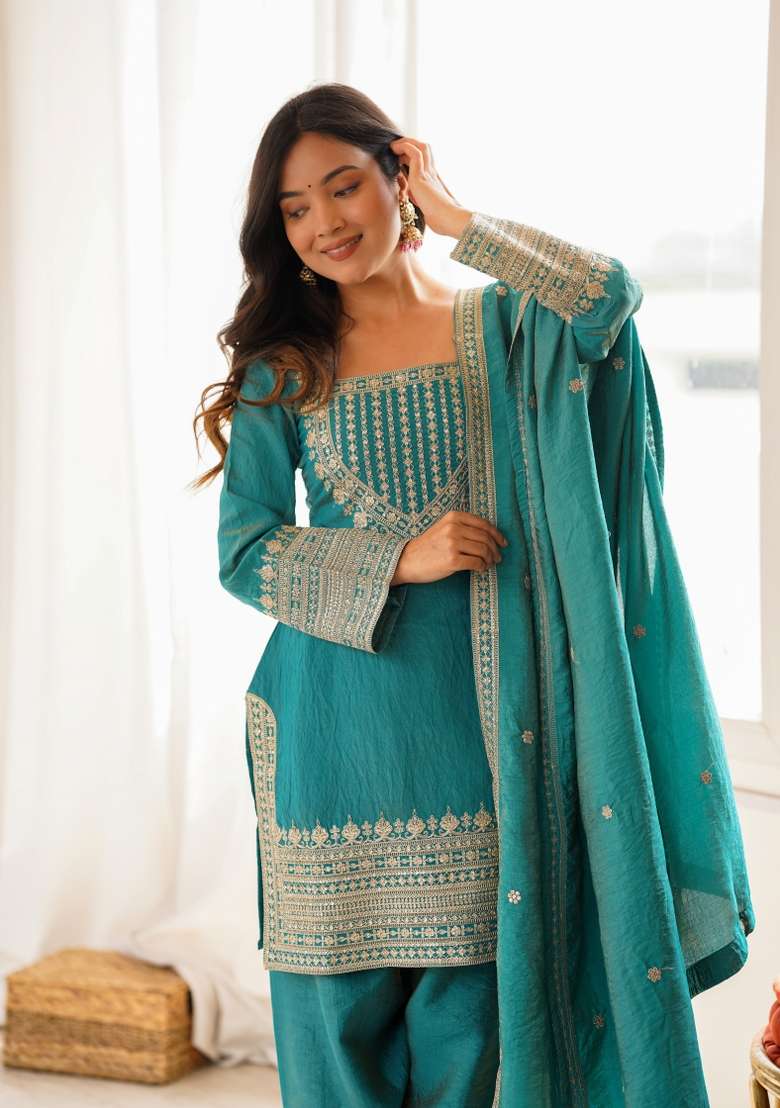 Sea Green Sequin Work Silk Blend Kurta Set - Indya