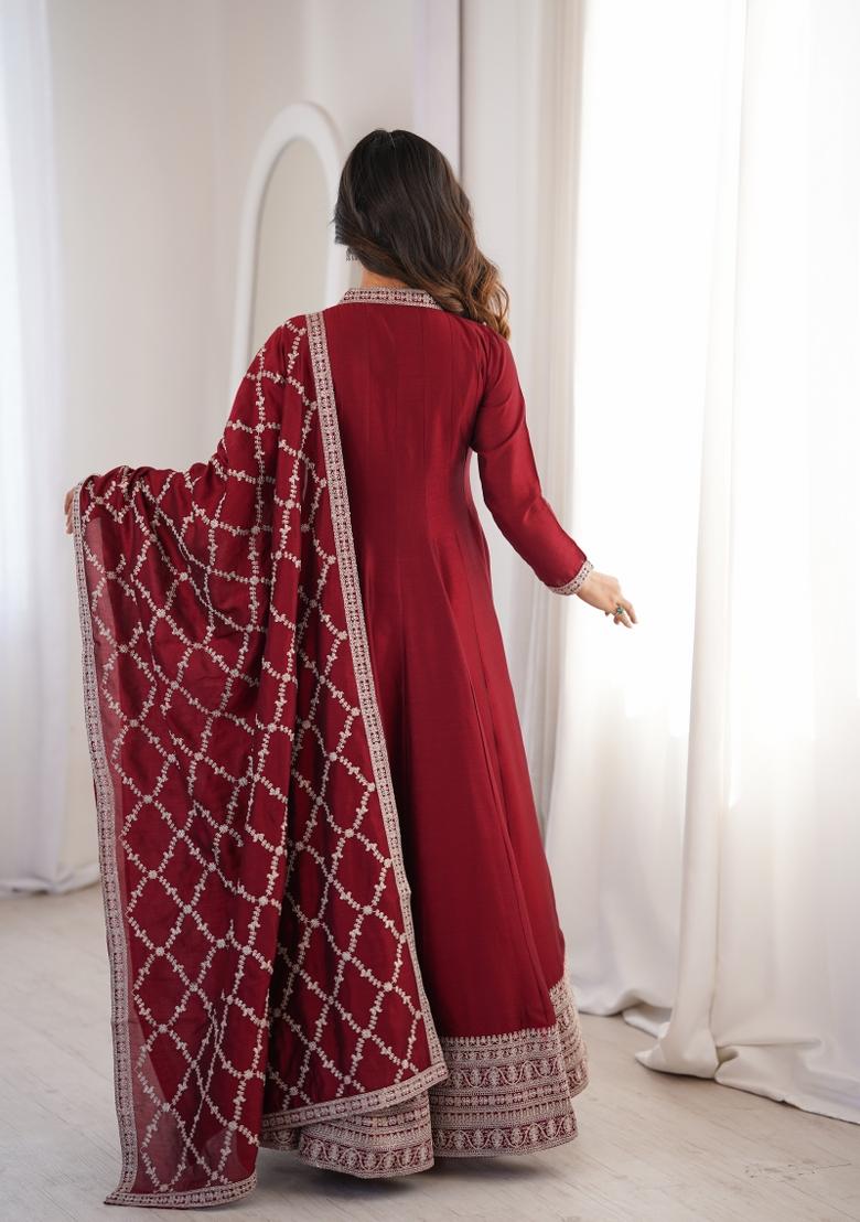 Maroon Sequin Work Silk Blend Kurta Set - Indya