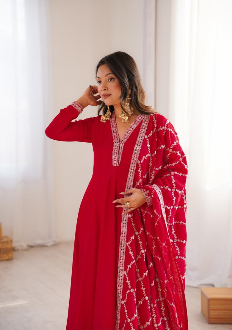 Red Sequin Work Silk Blend Kurta Set - Indya