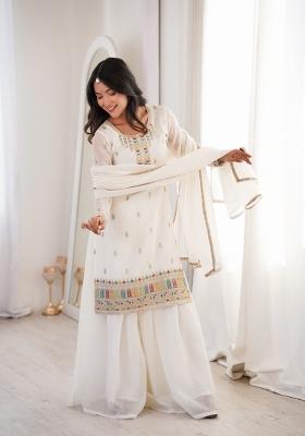 White Sequin Work Silk Blend Kurta Set